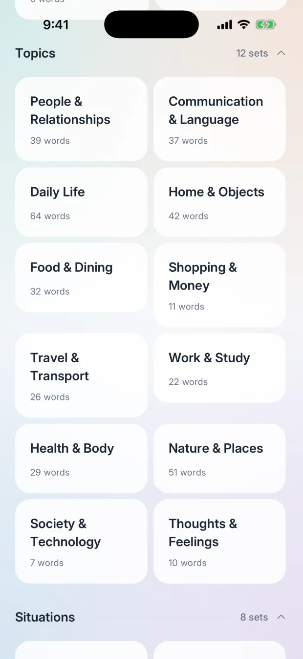 Practice screen with quiz modes and focused practice sets for topics and situations.